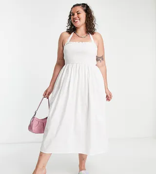COLLUSION Plus halter neck shirred detail broderie midi dress in white