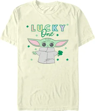 Men's Star Wars: The Mandalorian St. Patrick's Day Grogu Lucky One Shamrock T-Shirt - Beige - 3X Large