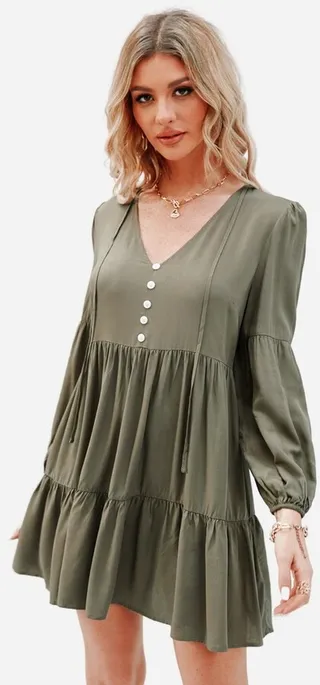 Women's Long Sleeve Ruffle V Neck Mini Dress - Cupshe-M-Green