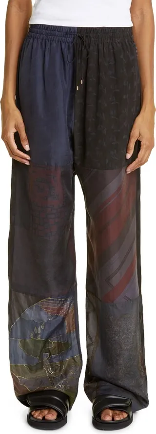 Silk Scarf Patchwork Straight Leg Pants