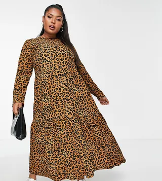 ASOS DESIGN Curve long sleeve tiered smock midi dress in dark animal print