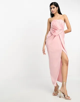 ASOS DESIGN US Exclusive satin bandeau midi dress with drape twist detail in light pink