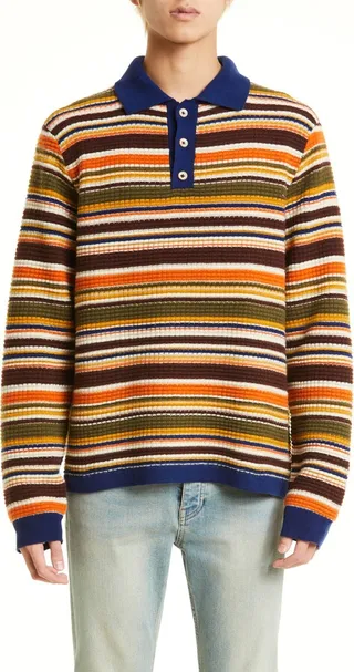 Stripe Waffle Knit Cashmere Polo Sweater