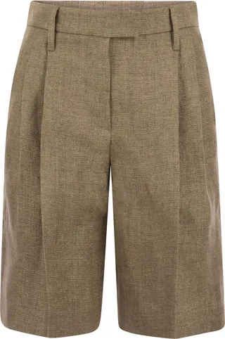 Sparkling Washed Linen Twill City Bermuda Shorts With Necklace