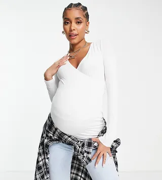 ASOS DESIGN Maternity long sleeve wrap top in white
