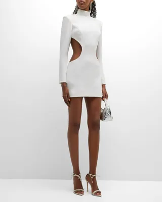 Turtleneck Open-Back Cutout Strong-Shoulder Mini Dress
