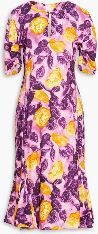 Pleated floral-print crepe midi dress