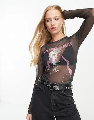 ASOS DESIGN slim fit long sleeve T-shirt in mesh with Machine Gun Kelly license graphic in black
