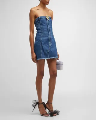 Strapless Denim Mini Dress with Mussel Flower Detail