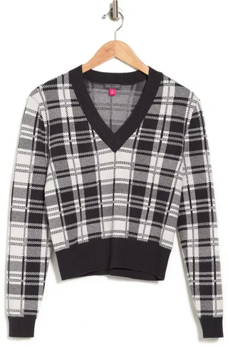 V-Neck Cropped Plaid Sweater