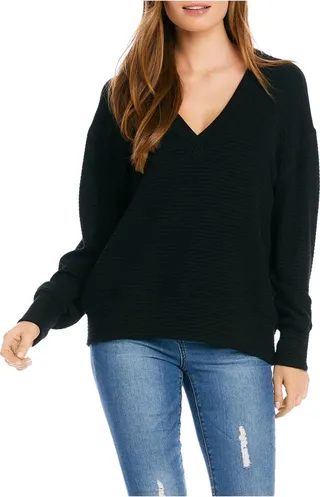 Womens Ribbed V Neck Pullover Sweater