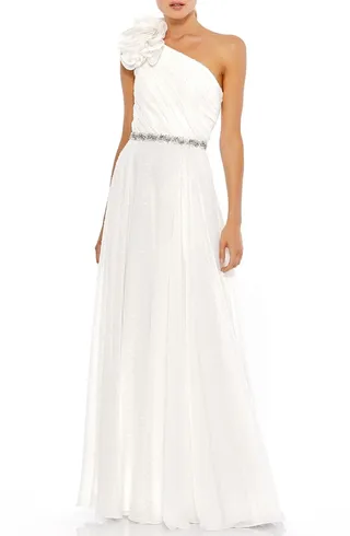 Rosette One-Shoulder Fil Coupé Chiffon Gown