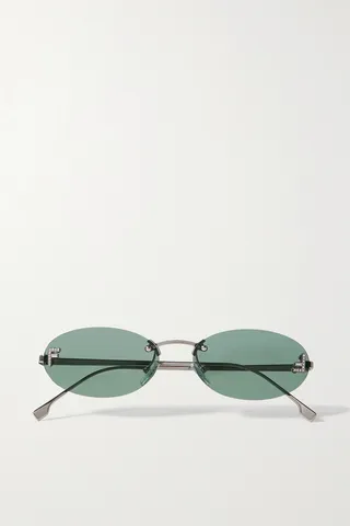 Fendi - Oval-frame Crystal-embellished Silver-tone Sunglasses - Green