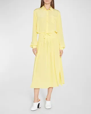 Drawstring-Hem Crop Silk Crepe Collared Shirt