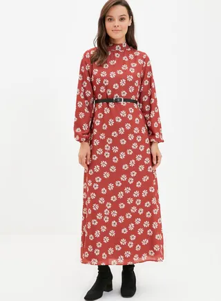 High Neck Floral Print Dress