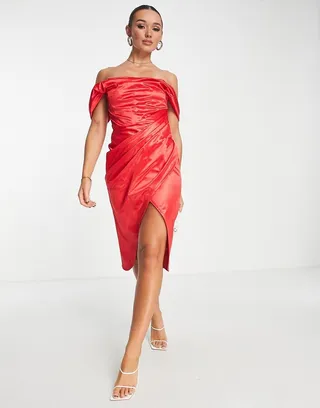 ASOS DESIGN off shoulder bardot boned tuck midi dress in structured satin red