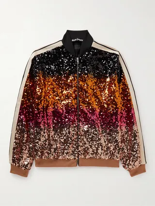Webbing-Trimmed Striped Sequined Jersey Bomber Jacket