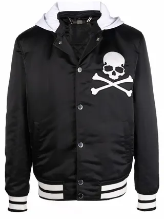 Hooded Skull-Patch Bomber Jacket