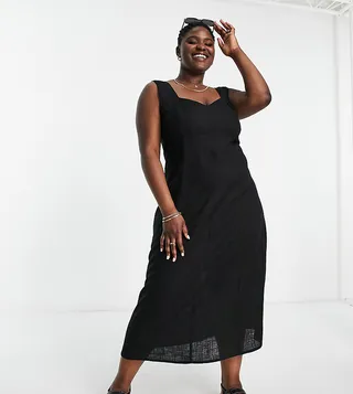 ASOS DESIGN Curve sweetheart neck shirred back midi sundress in black linen