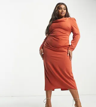 ASOS DESIGN Curve slinky drape shoulder midi dress in rust