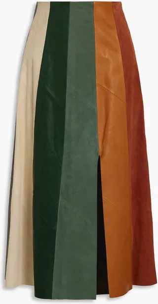 Color-block leather and suede midi skirt