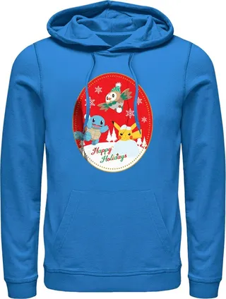 Men's Pokemon Christmas Happy Holidays Patch Pull Over Hoodie - Royal Blue - 2X Large