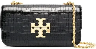 Black Crocodile-Embossed Leather Shoulder Bag