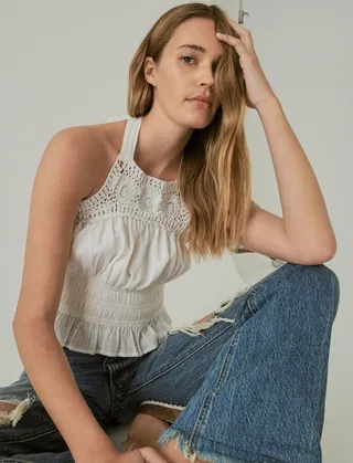 Lucky Brand Womens Crochet Trim Halter Top