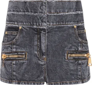 Balmain High Waist Faded Denim Mini Shorts