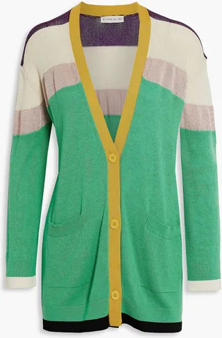Metallic-trimmed striped cotton-blend cardigan