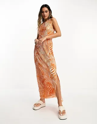 ASOS DESIGN plisse elastic strappy back midi dress in orange zebra