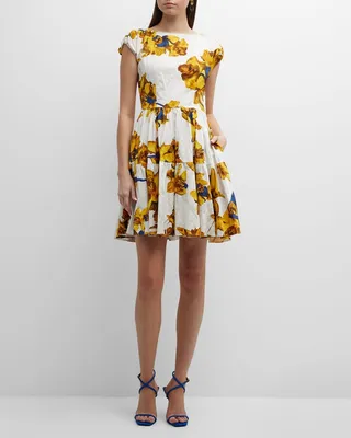 Floral-Print Boat-Neck Cap-Sleeve Tiered Mini Dress