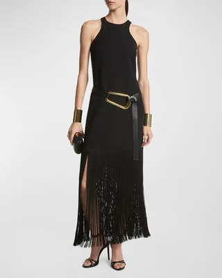 Cut-In Halter Maxi Dress with Fringe Trim