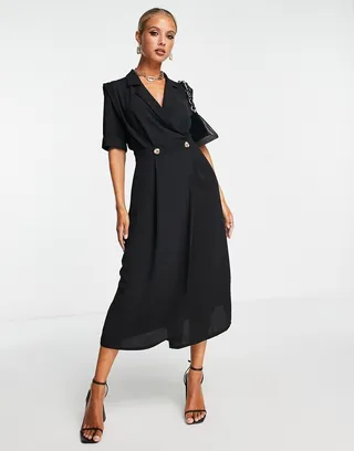 ASOS DESIGN wrap tux midi dress with shoulder pads in black