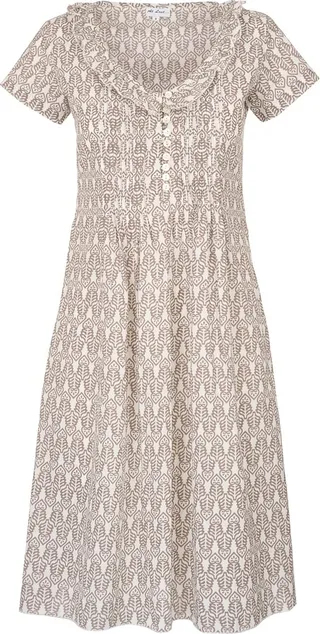 At Last... - Karen Short Sleeve Day Dress In Fresh Taupe & White
