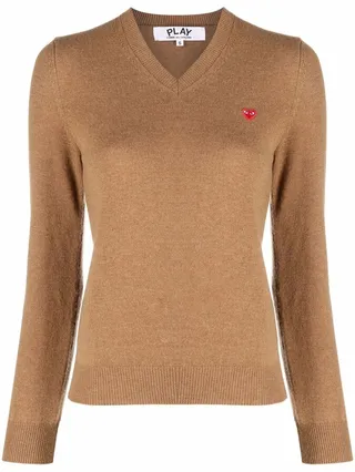 logo-patch V-neck wool jumper