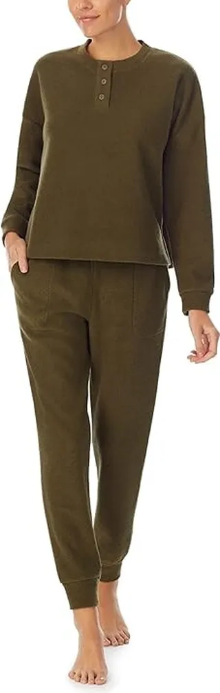 Sanctuary Long Sleeve Cropped Henley Joggers PJ Set (Olive Marl) Women's Pajama Sets