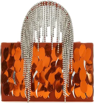 Handbag realized in fabric entirely covered by maxi sequins characterized by two jewel handles.