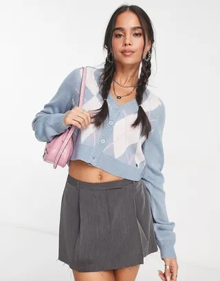 Noisy May argyle cardigan in baby blue