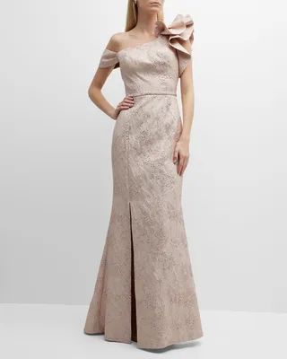 One-Shoulder Ruffle Metallic Jacquard Gown