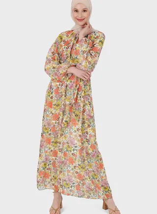 Floral Print Balloon Sleeve Dress