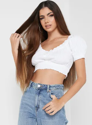 Puff Sleeve Button Detail Crop Top
