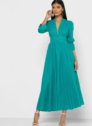 Plunge Neck Puffed Sleeve Maxi Dress