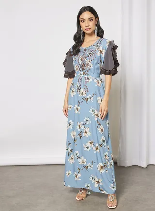 Jalabiya With Floral Embroidery In Front And Has Short Sleeves With Belt
