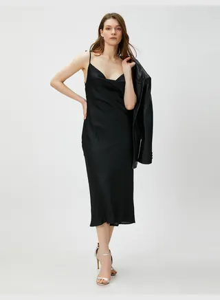 Satin Midi Party Dress Cowl Neck