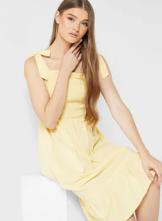 Strappy Pleat Detail Shirred Dress