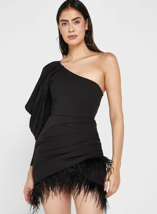 One Shoulder Balloon Sleeve Fringe Hem Dress
