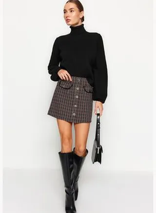 Checkered Mini Woven Mini Skirt with Pocket and Button Detail in Brown Tweed TWOAW24ET00220