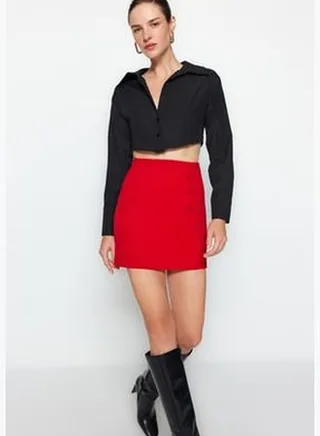 Red Smart Crepe Button Detailed Mini Pencil Elastic Knitted Skirt TWOAW24ET00025