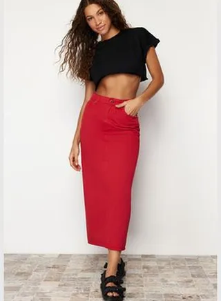 Red Slit Maxi Denim Skirt TWOSS24ET00085